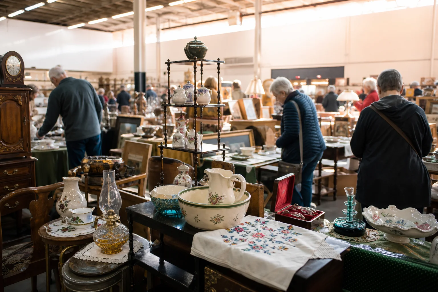 shoppers browsing antique and vintage market stalls at Wild Rose Antique Collectors Society Annual Show and Sale in Alberta, Canada