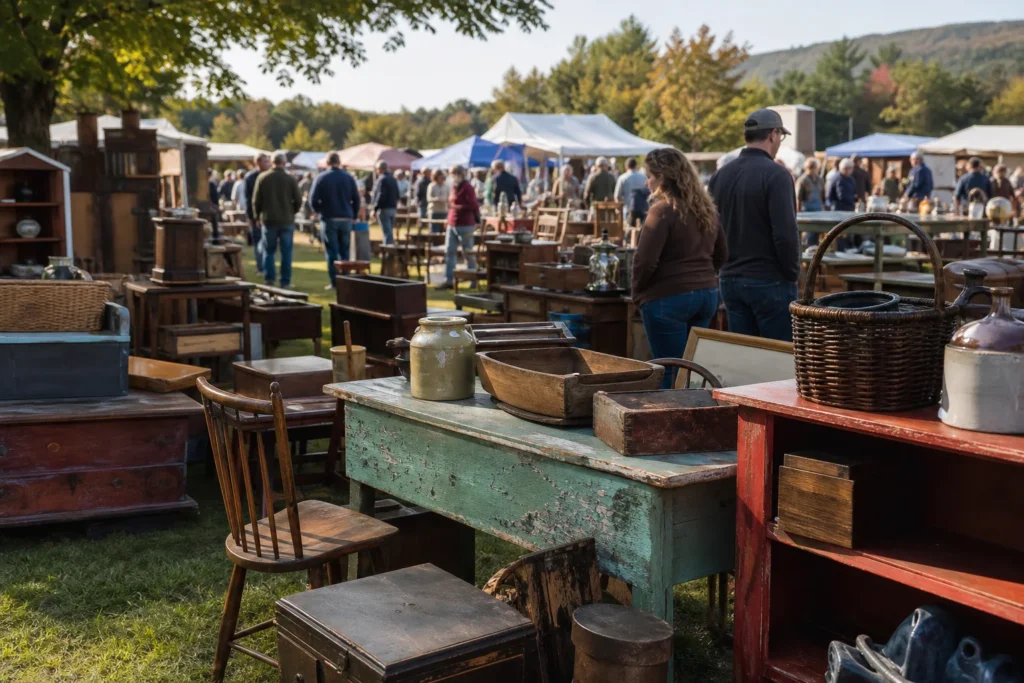 shoppers browsing antique and vintage market stalls at Wilmington Antique and Flea Market in Vermont