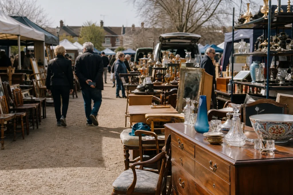 shoppers browsing antique and vintage market stalls at Wimbledon Homes & Antiques Fair in London