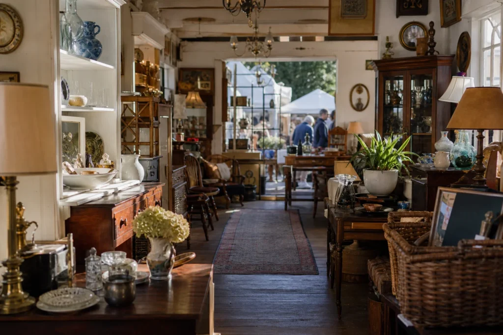 shoppers browsing antique and vintage market stalls at Windsong Antiques in Massachusetts