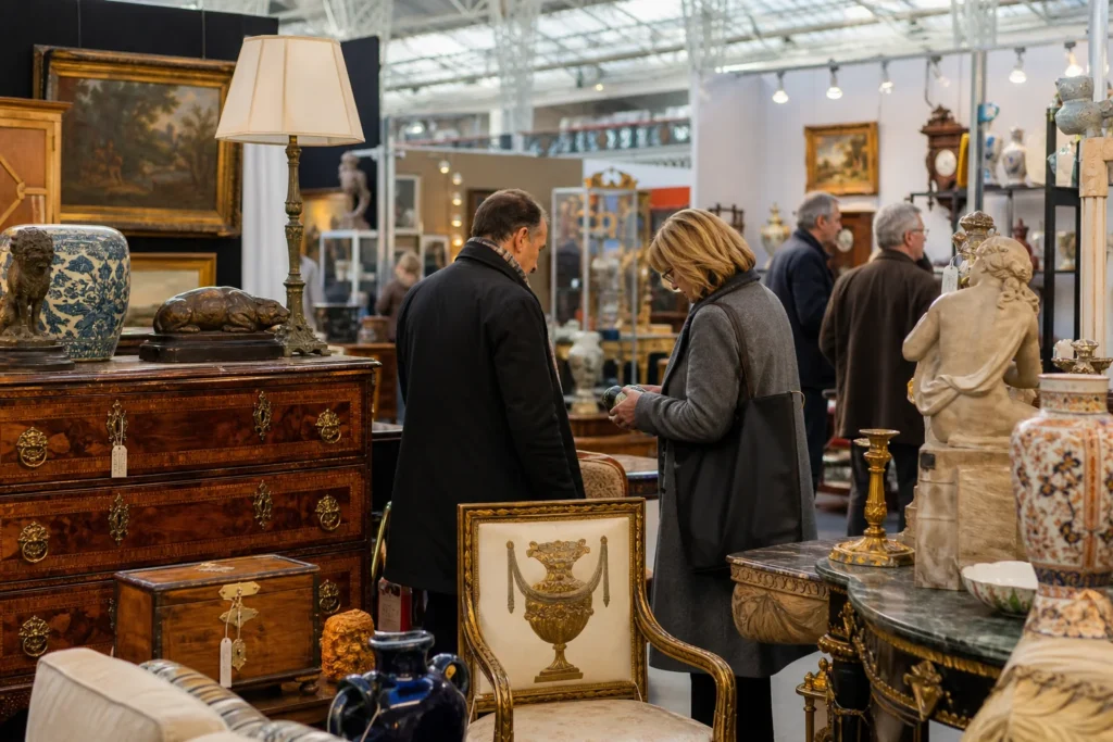 shoppers browsing antique and vintage market stalls at Winter Arts and Antiques Fair in London