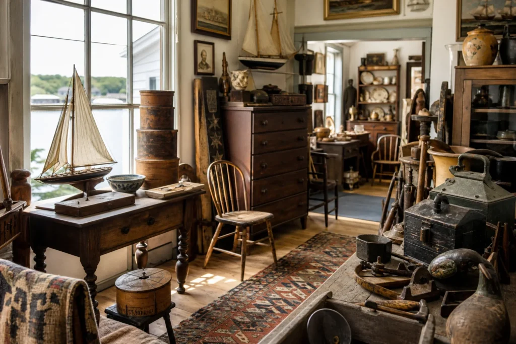 shoppers browsing antique and vintage market stalls at Wiscasset Antique District in Maine