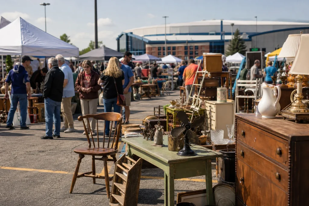 shoppers browsing antique and vintage market stalls at Wolff’s Flea Market Rosemont in Chicago, Illinois