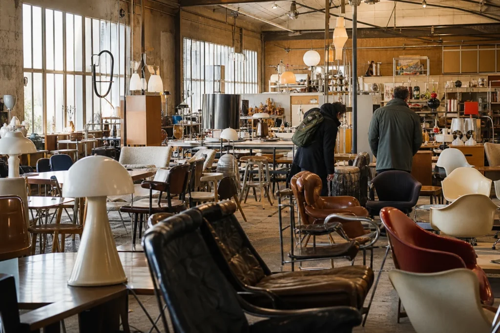 shoppers browsing antique and vintage market stalls at XXO in France, Paris
