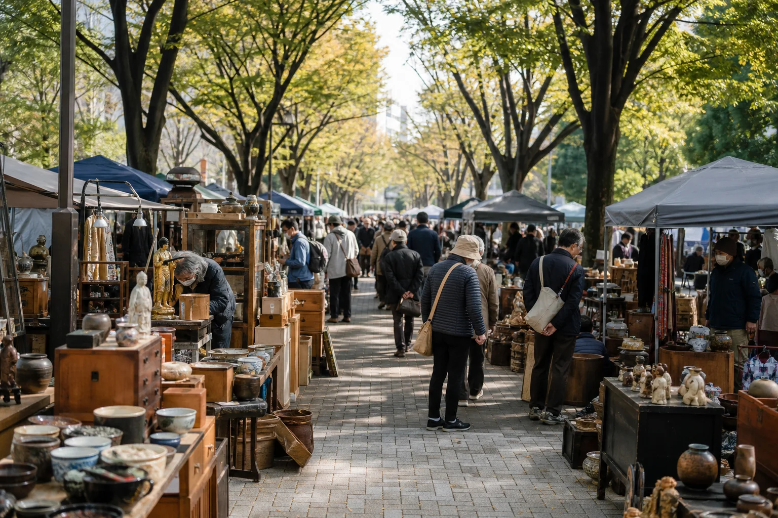 shoppers browsing antique and vintage market stalls at Yamato Antique Fair – やまとプロムナード古民具骨董市 in Japan, Tokyo