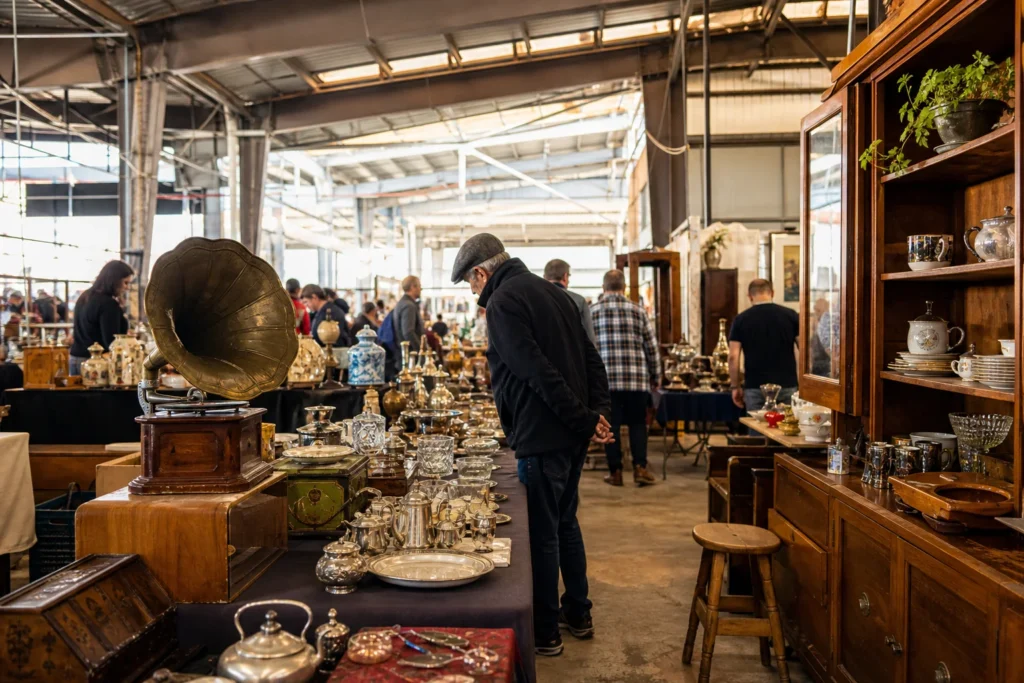 shoppers browsing antique and vintage market stalls at Yemei Binyamina in Israel