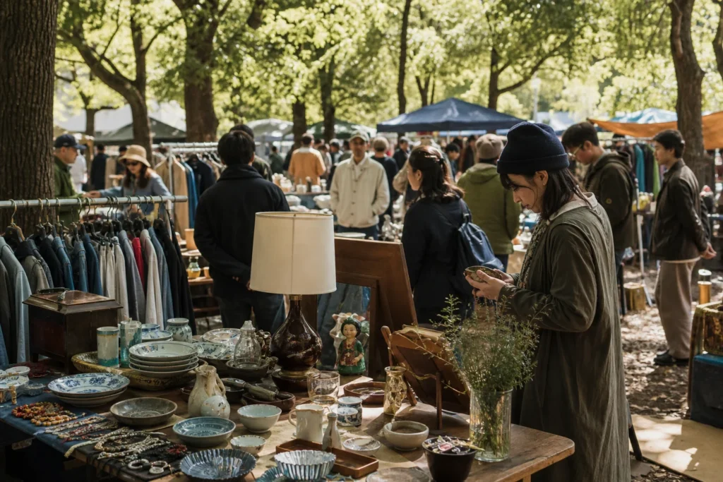 shoppers browsing antique and vintage market stalls at Yoyogi Park – 代々木公園会場 in Japan, Tokyo