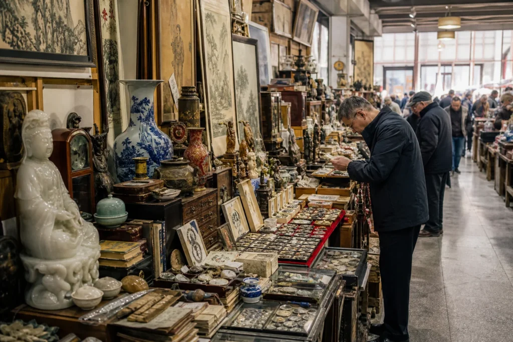 shoppers browsing antique and vintage market stalls at Yunzhou Curio City in China