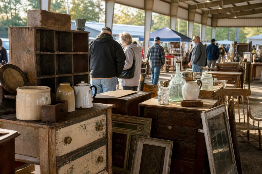 shoppers browsing antique and vintage market stalls at Allegan Antiques Market in Michigan