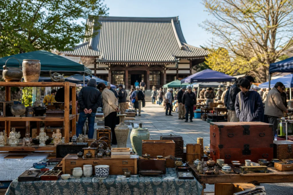 shoppers browsing antique and vintage market stalls at Arai Yakushi Temple – 新井薬師アンティーク・フェア in Japan, Tokyo