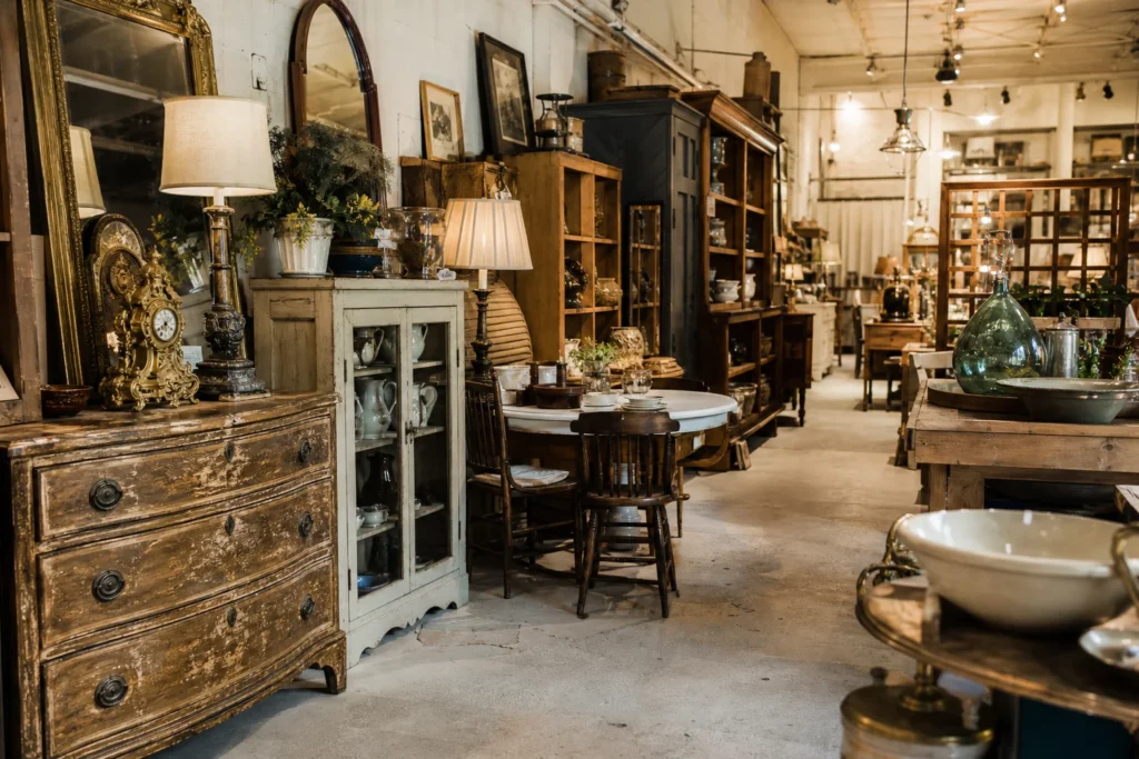 shoppers browsing antique and vintage market stalls at Edgewater Antique Mall in Illinois