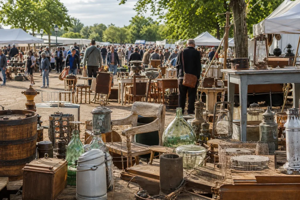 shoppers browsing antique and vintage market stalls at Farfouille de Leyment in France