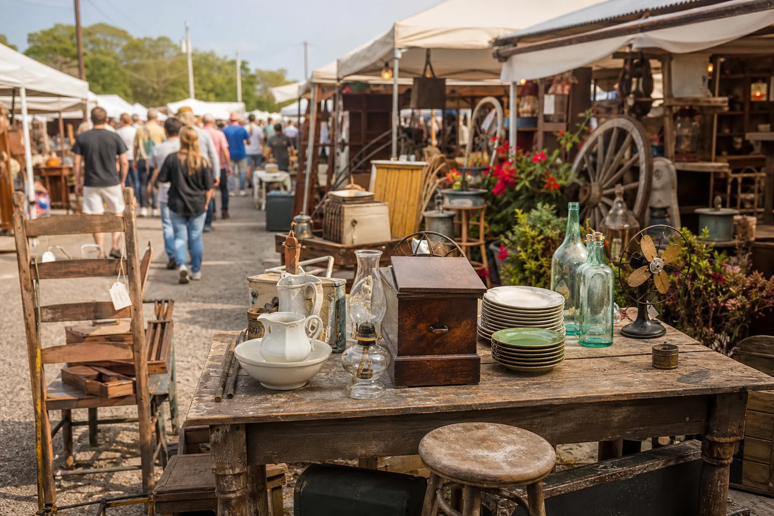 shoppers browsing antique and vintage market stalls at First Monday Trade Days at Canton Flea Market in Texas
