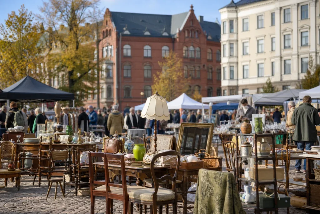 shoppers browsing antique and vintage market stalls at Fredrikintori Square Flea Market in Finland