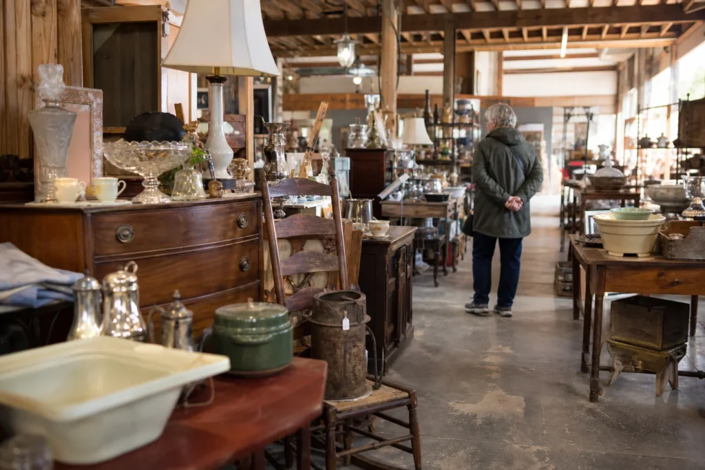 shoppers browsing antique and vintage market stalls at Freelton Antique Mall in Canada, Ontario