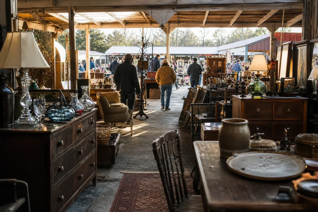 shoppers browsing antique and vintage market stalls at Golden Nugget Antique Flea Market in New Jersey