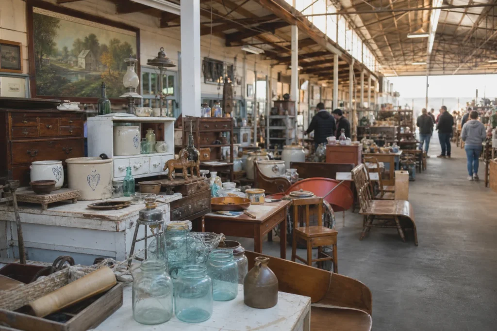 shoppers browsing antique and vintage market stalls at Hartville MarketPlace in Ohio