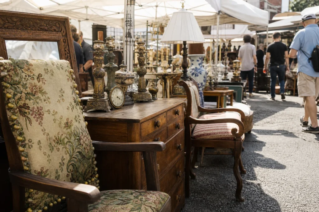 shoppers browsing antique and vintage market stalls at Hell’s Kitchen Flea Market in New York City, New York State