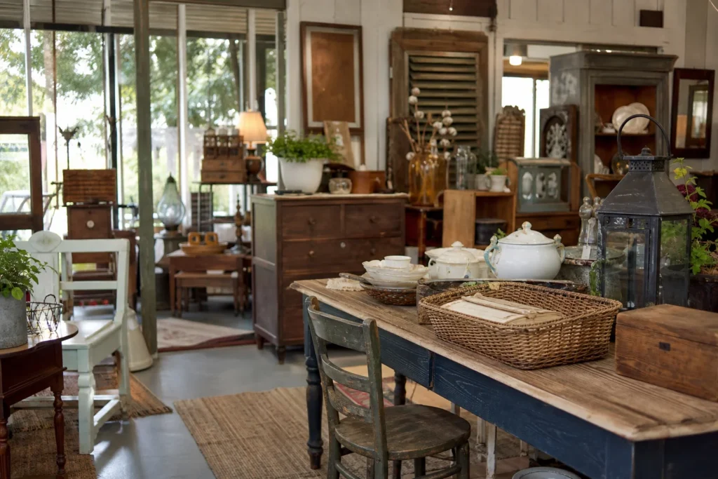 shoppers browsing antique and vintage market stalls at High Cotton Antiques & Uniques in Georgia