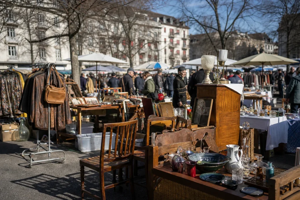 shoppers browsing antique and vintage market stalls at Kanzlei Flohmarkt in Switzerland