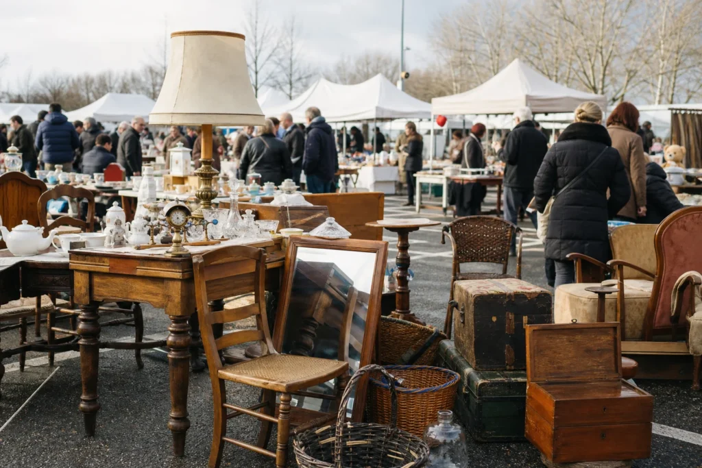 shoppers browsing antique and vintage market stalls at Kölner Stadtflohmarkt in Germany