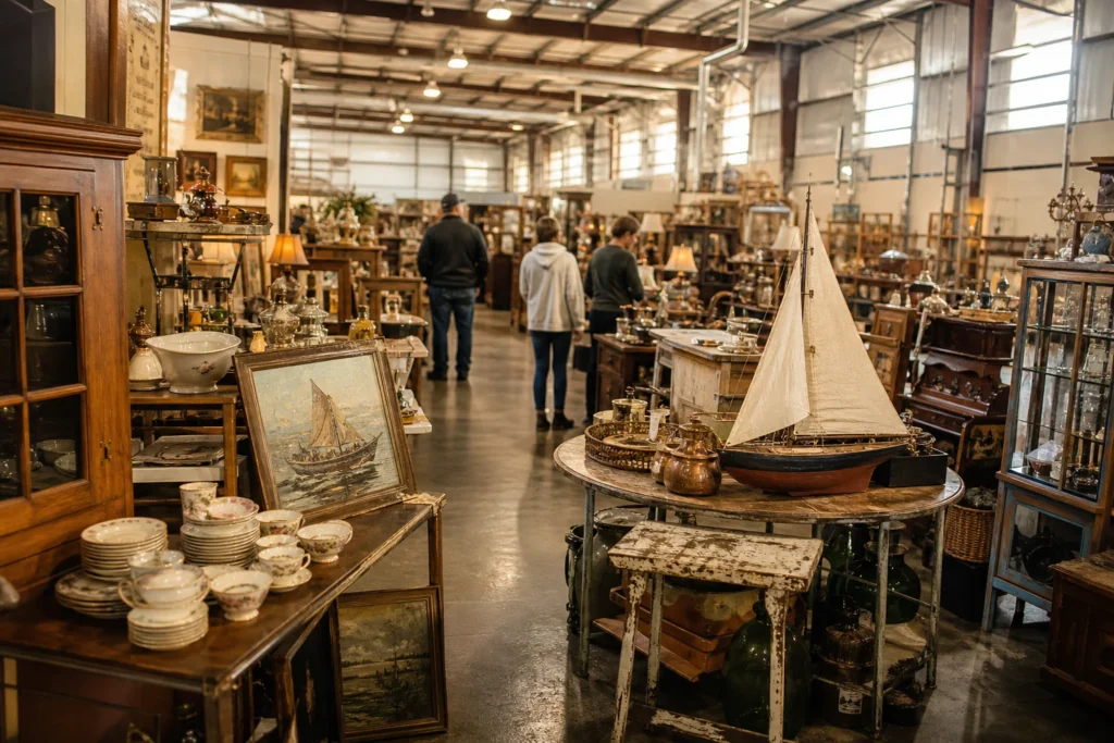 shoppers browsing antique and vintage market stalls at Lakewood 400 Antiques Market in Georgia