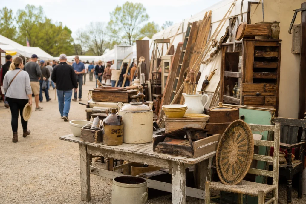 shoppers browsing antique and vintage market stalls at Marburger Farm Antique Show in Texas