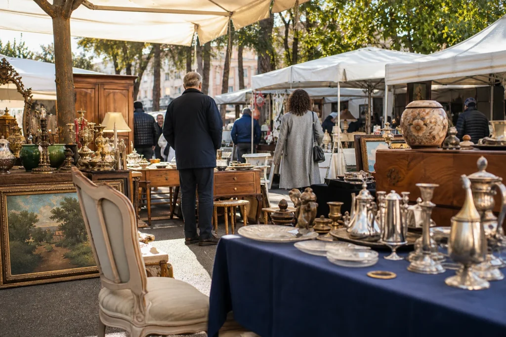 shoppers browsing antique and vintage market stalls at Mercatino dei Parioli in Italy, Rome