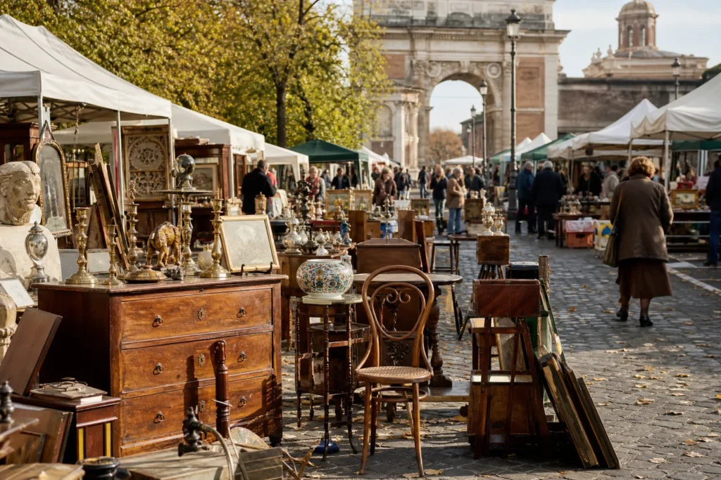 shoppers browsing antique and vintage market stalls at Mercatino dell’ antiquariato di Porta Pia in Italy