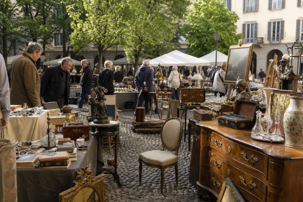 shoppers browsing antique and vintage market stalls at Mercatino dell’antiquariato di Brera in Italy