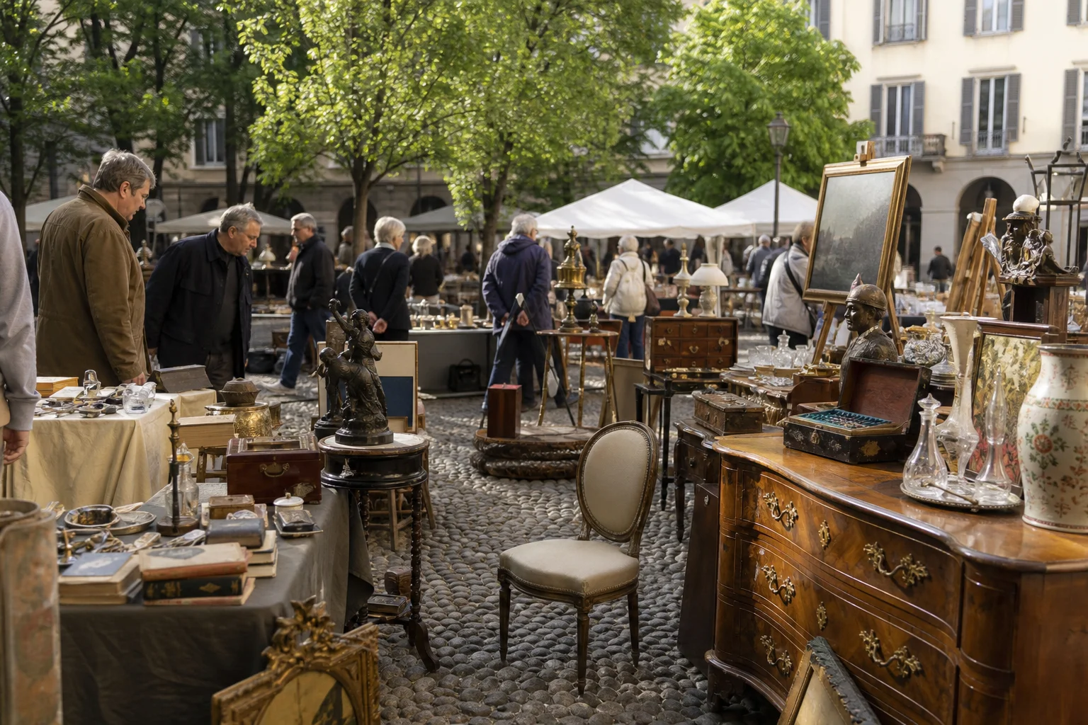 shoppers browsing antique and vintage market stalls at Mercatino dell’antiquariato di Brera in Italy