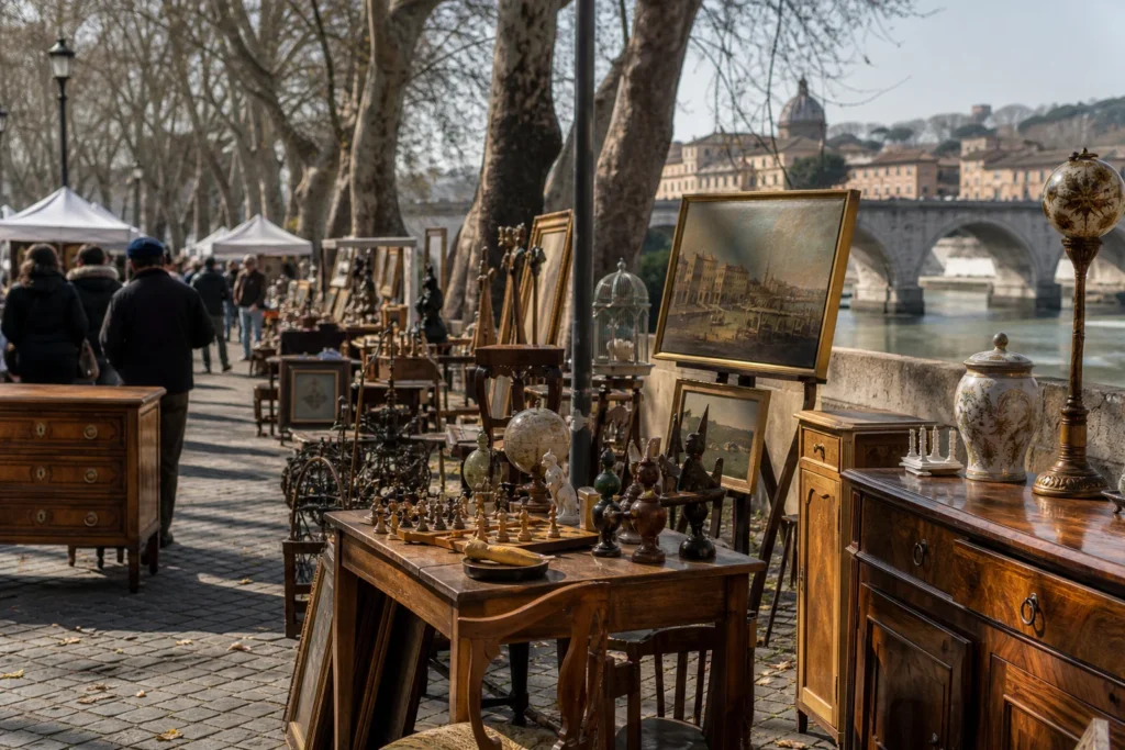 shoppers browsing antique and vintage market stalls at Mercatino di Piazzale delle Belle Arti a Roma in Italy, Rome