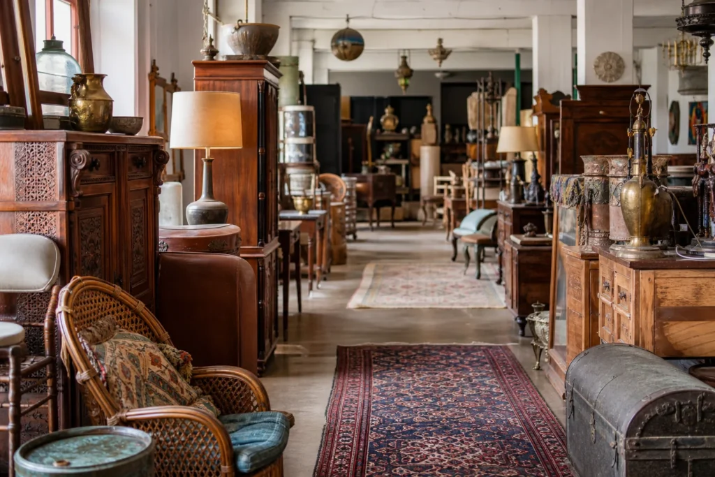 shoppers browsing antique and vintage market stalls at Möbeldepot in Austria