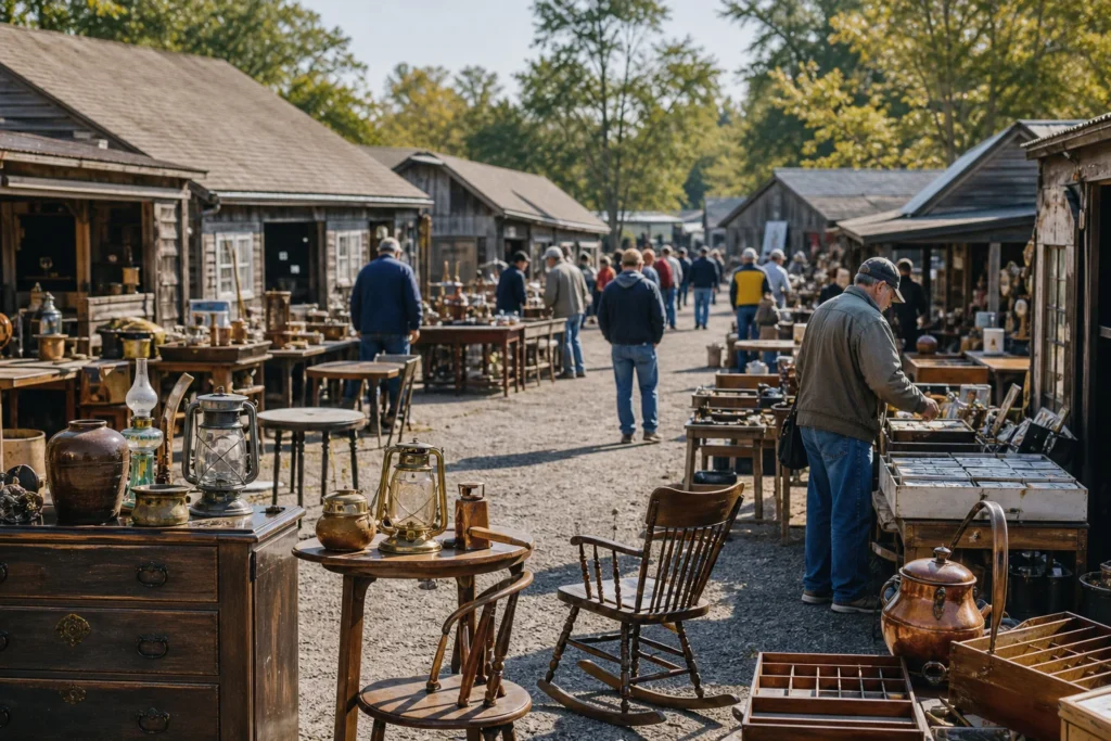 shoppers browsing antique and vintage market stalls at New Egypt Flea Market Village & Auction in New Jersey