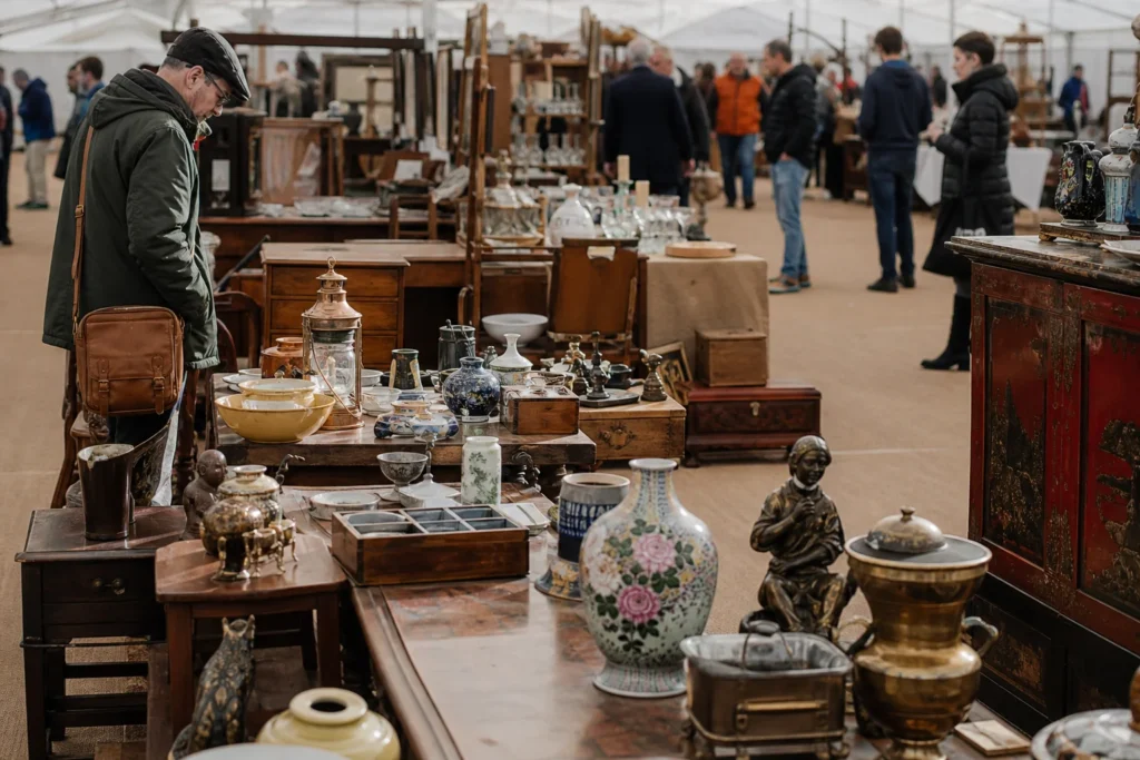 shoppers browsing antique and vintage market stalls at Peterborough Festival of Antiques in United Kingdom