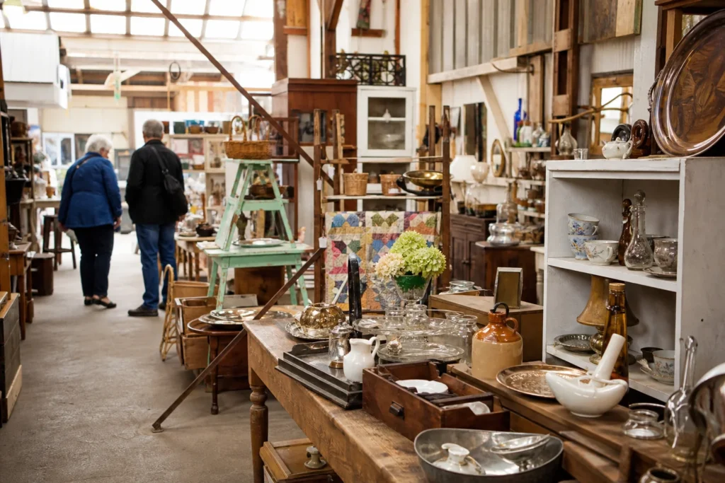 shoppers browsing antique and vintage market stalls at Prudhommes Antique Flea Market in Canada, Ontario