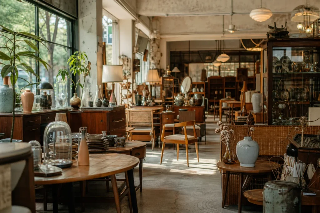 shoppers browsing antique and vintage market stalls at ReStore Living in Singapore
