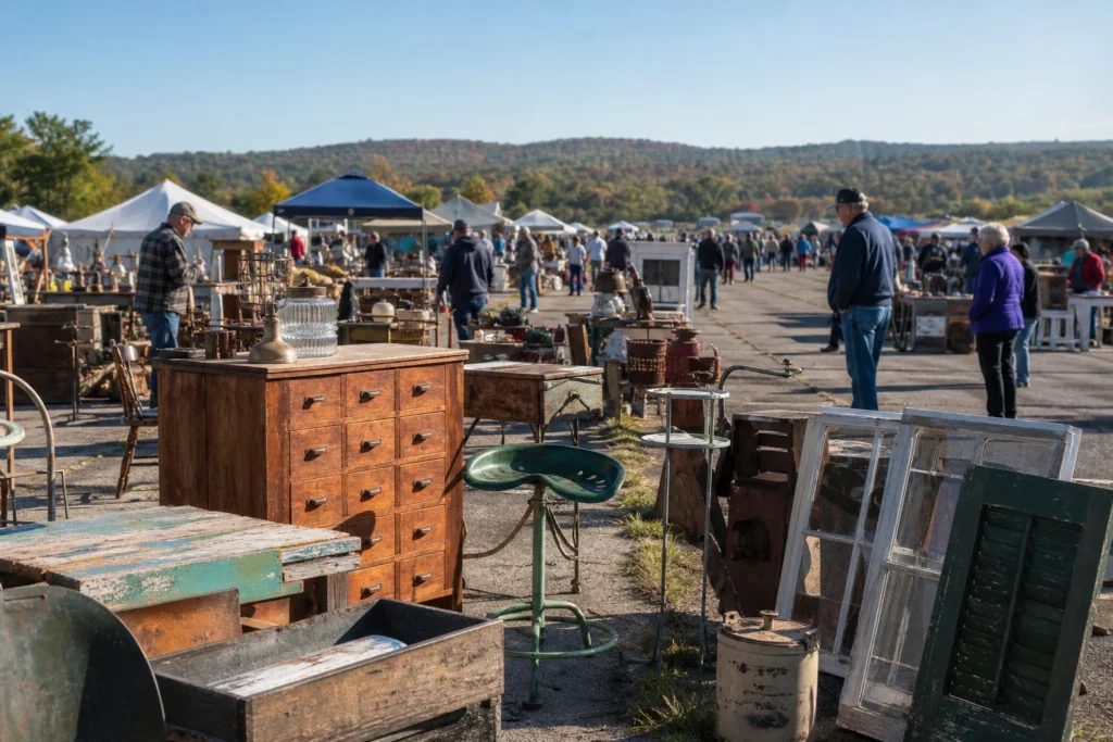 shoppers browsing antique and vintage market stalls at Stormville Airport Flea Market in New York State