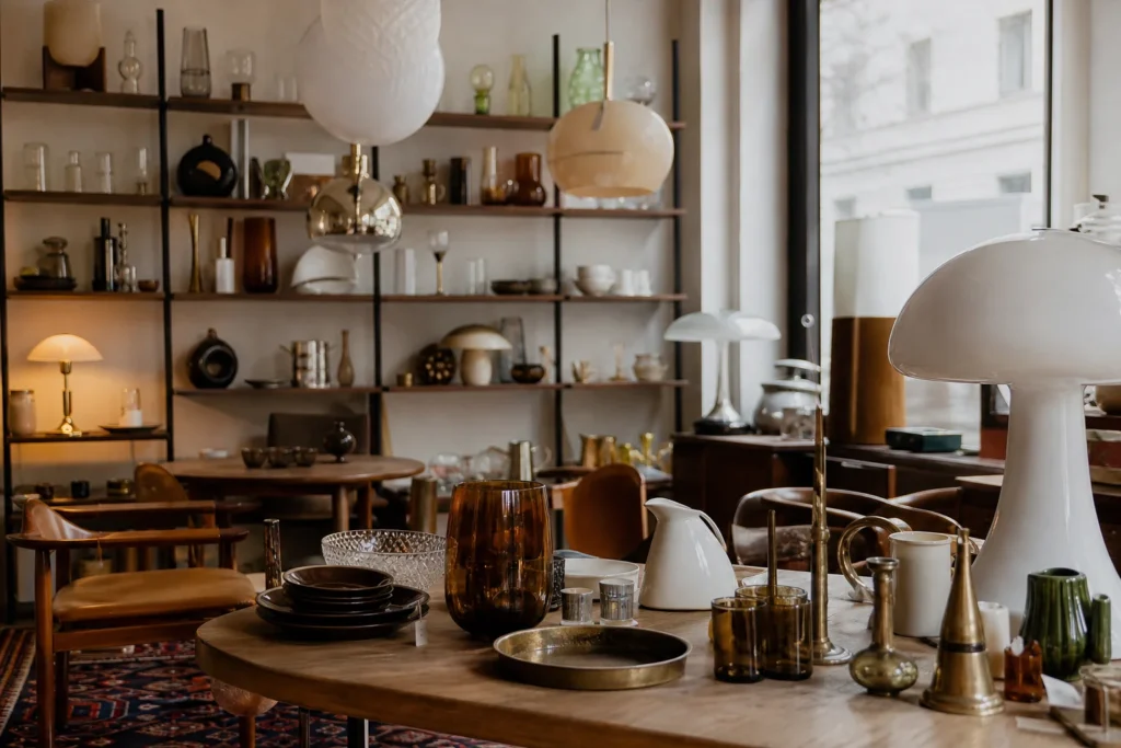 shoppers browsing antique and vintage market stalls at Tandlas in Austria