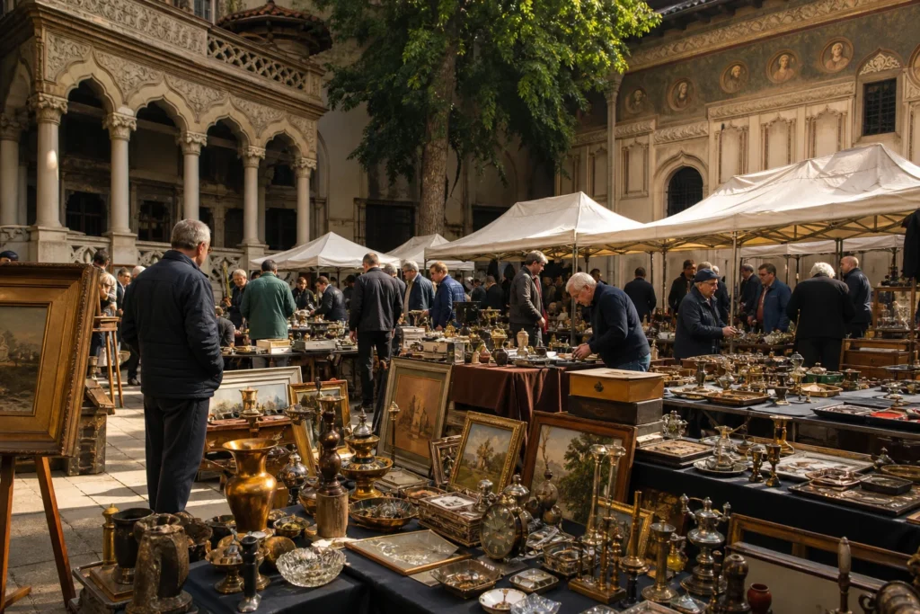 shoppers browsing antique and vintage market stalls at Târgul Colecționarilor de Antichități in Romania
