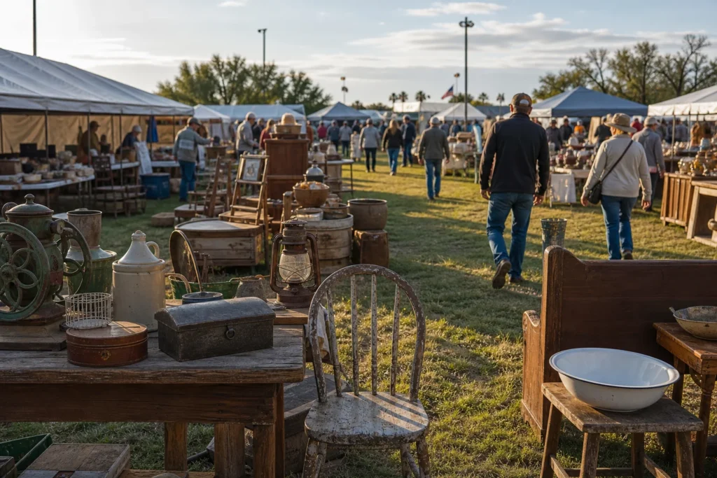 shoppers browsing antique and vintage market stalls at Texas Antique Weekend