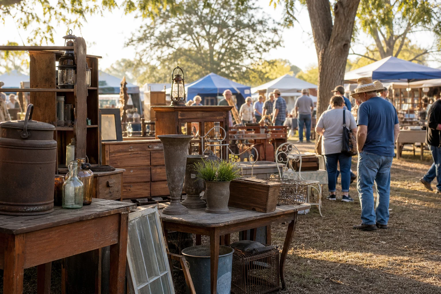 shoppers browsing antique and vintage market stalls at Texas Pickers 1st Saturday Antique Sale & Flea Market