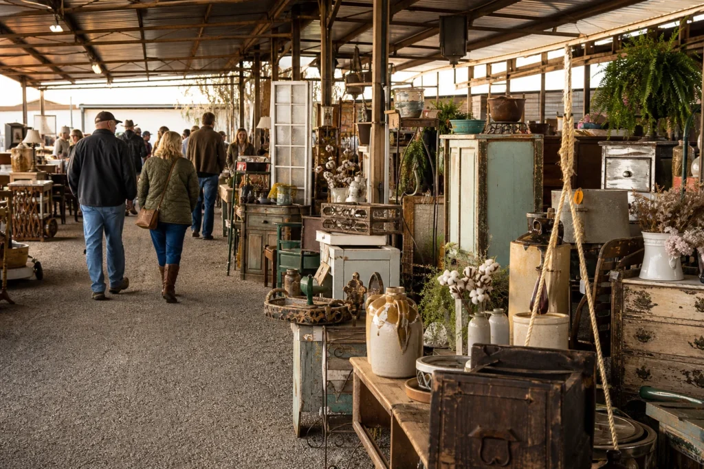shoppers browsing antique and vintage market stalls at Third Monday McKinney Trade Days in Texas