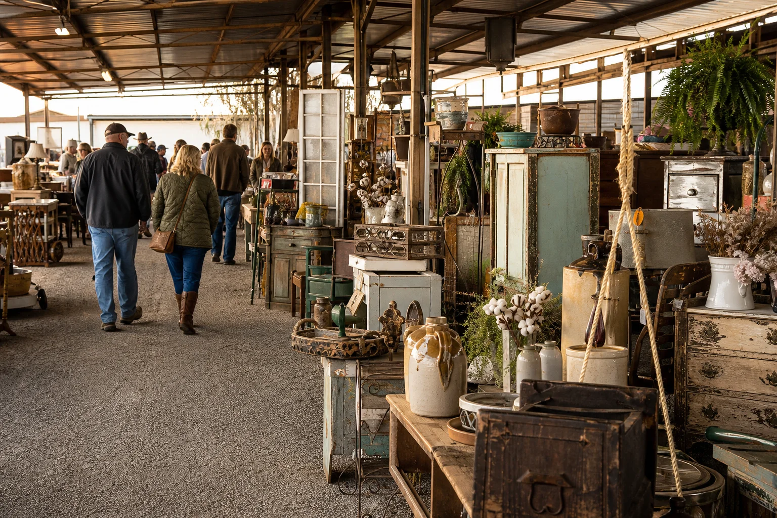 shoppers browsing antique and vintage market stalls at Third Monday McKinney Trade Days in Texas