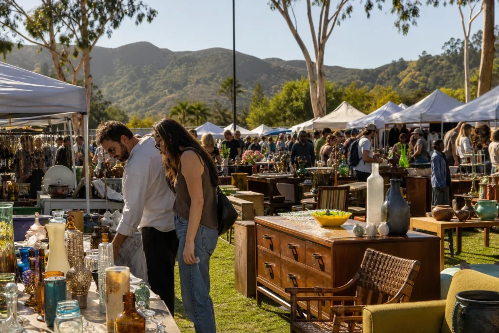 shoppers browsing antique and vintage market stalls at Topanga Vintage Market in California, Los Angeles