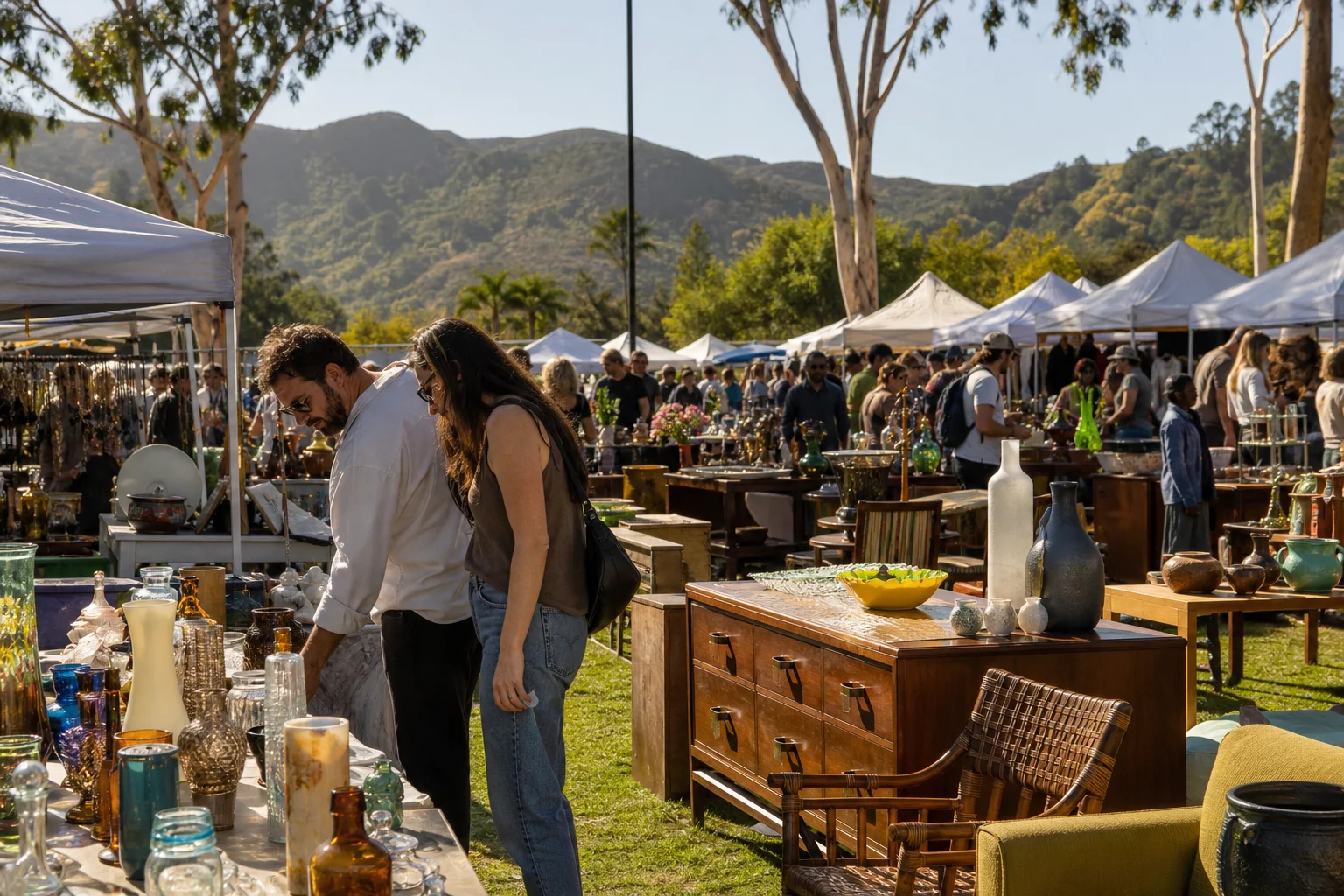 shoppers browsing antique and vintage market stalls at Topanga Vintage Market in California, Los Angeles