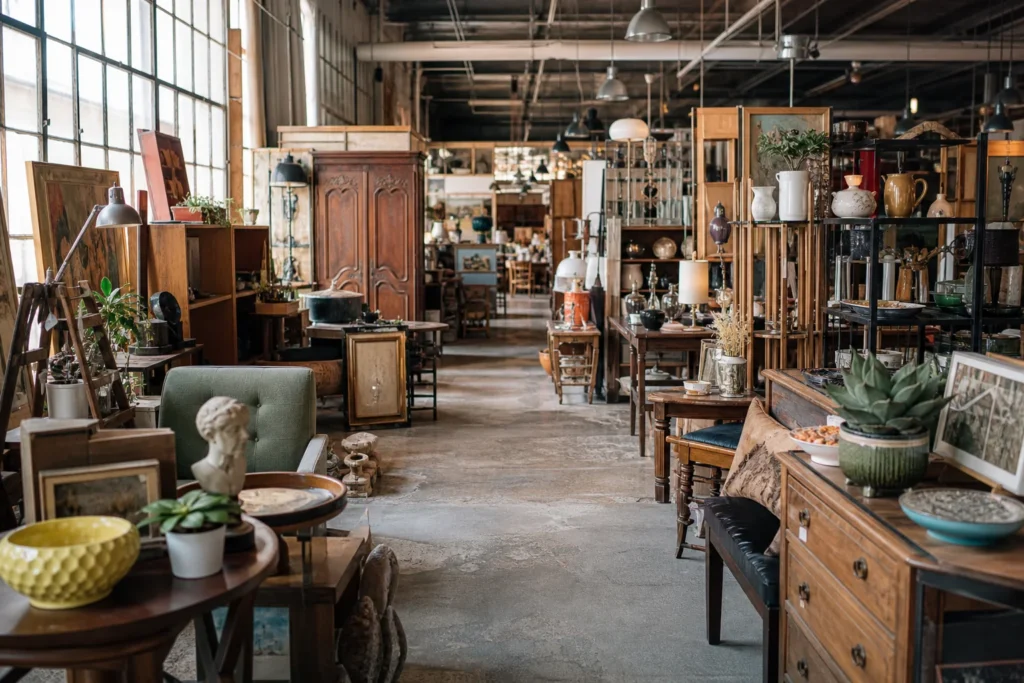 shoppers browsing antique and vintage market stalls at Treasure Mart in Michigan