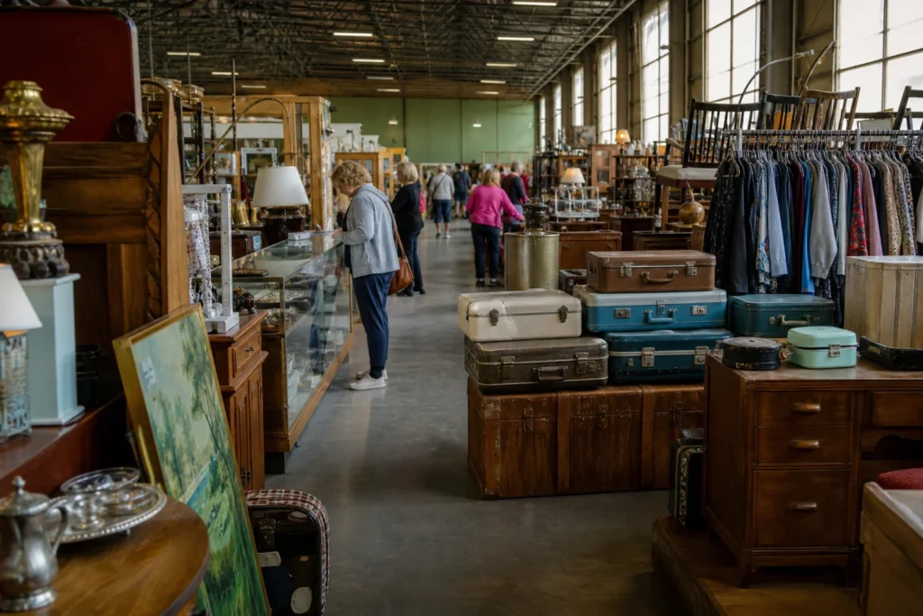 shoppers browsing antique and vintage market stalls at Unclaimed Baggage Center in Alabama