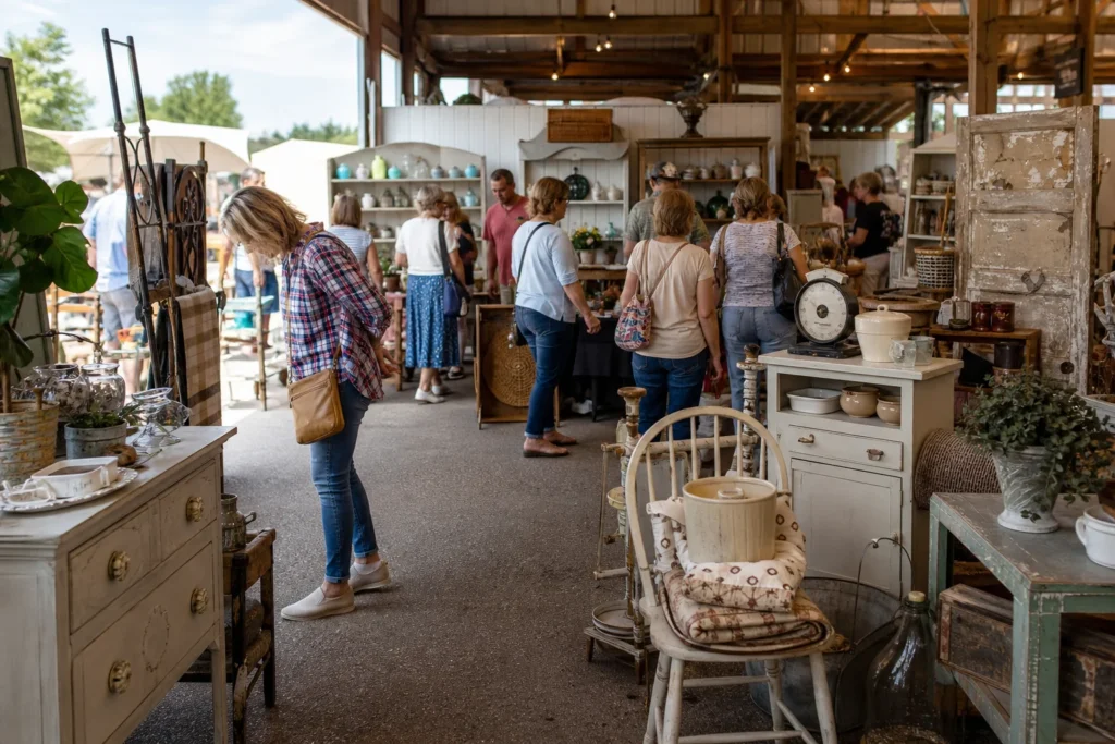 shoppers browsing antique and vintage market stalls at Vintage & Made Fair in Iowa